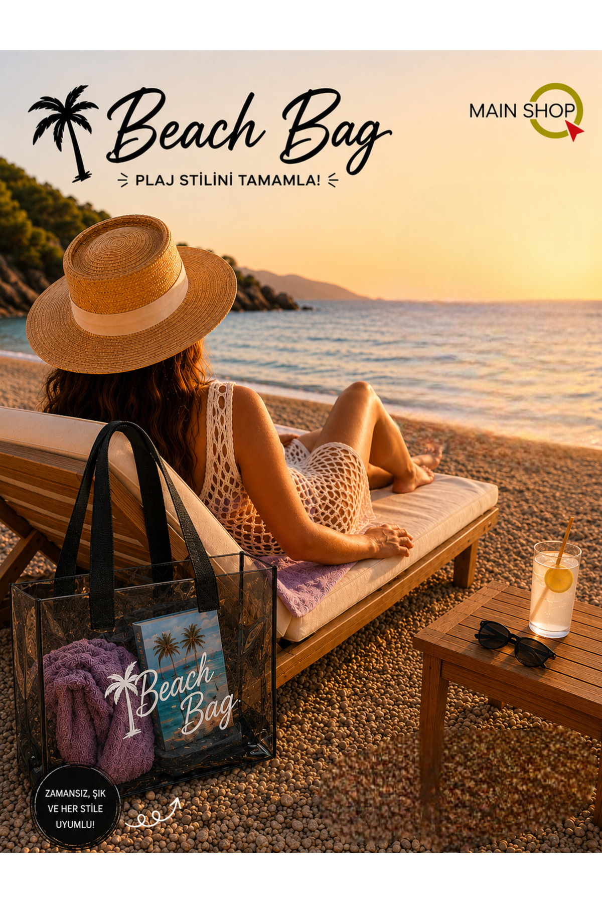 MAİN SHOP Büyük Boy Beach Bag Siyah Şeffaf Deniz Plaj Çantası M-PLJ02 görsel 5
