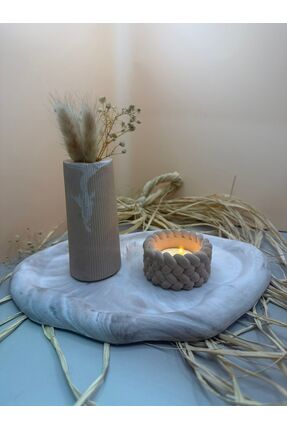 SarEl Craft Design El Yapımı Dekoratif Beton Tepsi & Mumluk & Vazo Seti