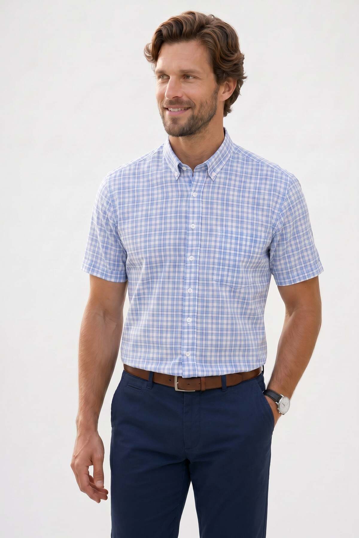 Men's Classic Fit Casual Cut 100% Cotton Short Sleeve Checkered Linen Effect Pocket Shirt