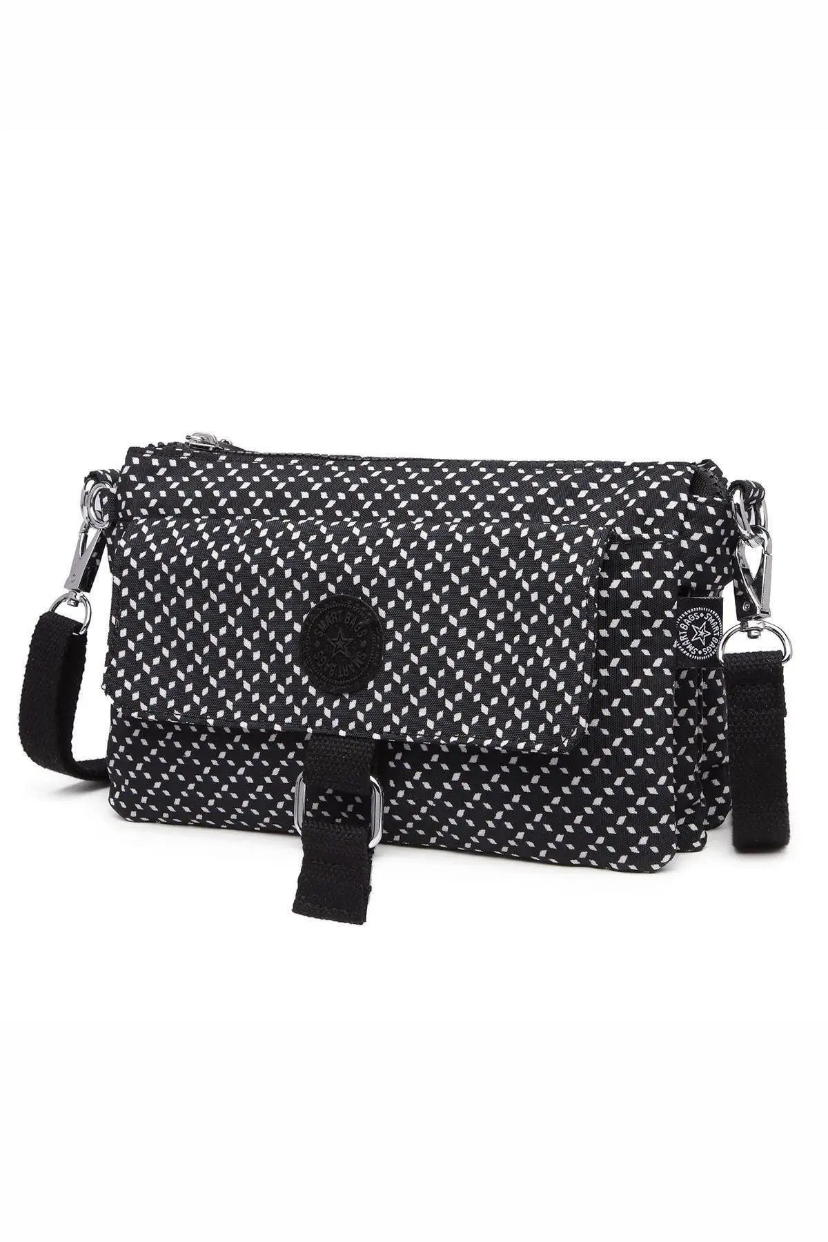 SMART BAGS Günlük Minik Boy Su Geçirmez Krınkıl Kumaş Kadın Telefon ve Postacı Çantası Siyah/Beyaz görsel 2