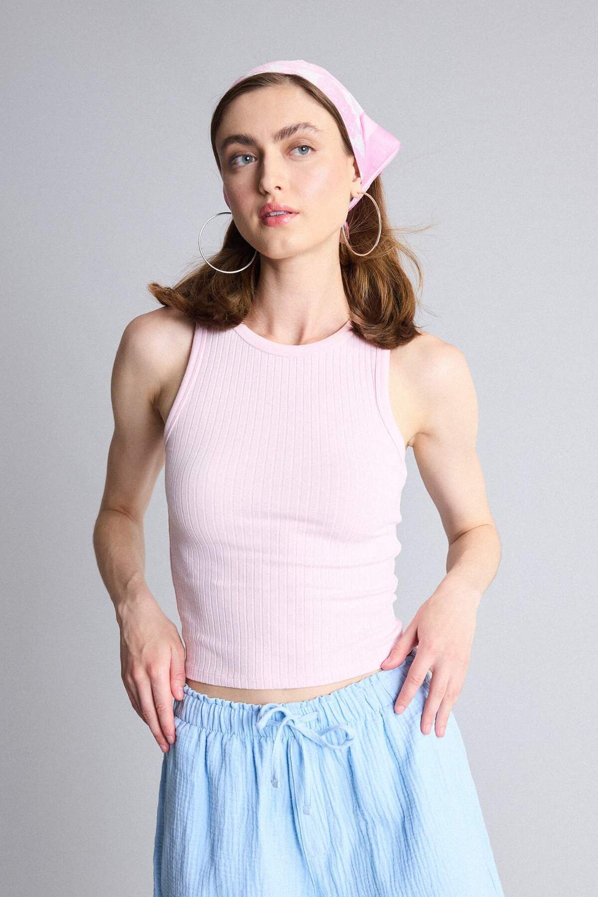 DeFacto Slım Fit Halter Yaka Fitilli Açık Pembe Atlet A8859AX26SM görsel 3