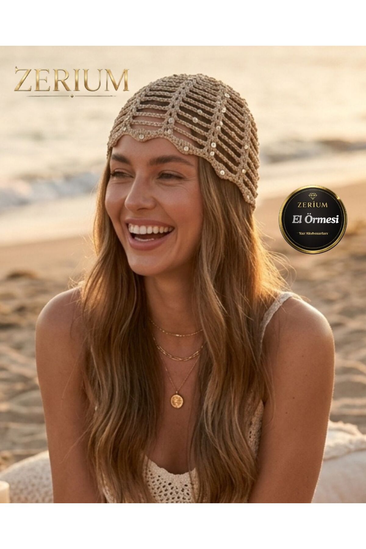 Handmade Women's Knitted Bohemian Net Summer Beanie Hat Sequins Champagne Beige