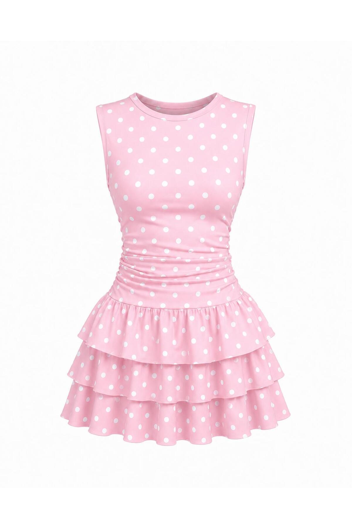 Flywheel Detailed Layered Skirt Mini Stylish Dress - PINK WHITE POLKA DOT - SEVDE UGUR
