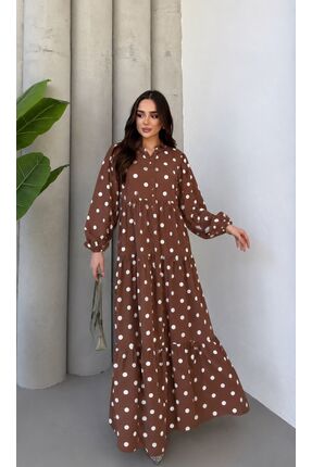 Mava Lady Kadın Kahverengi Puantiyeli Desenli Tesettür Elbise