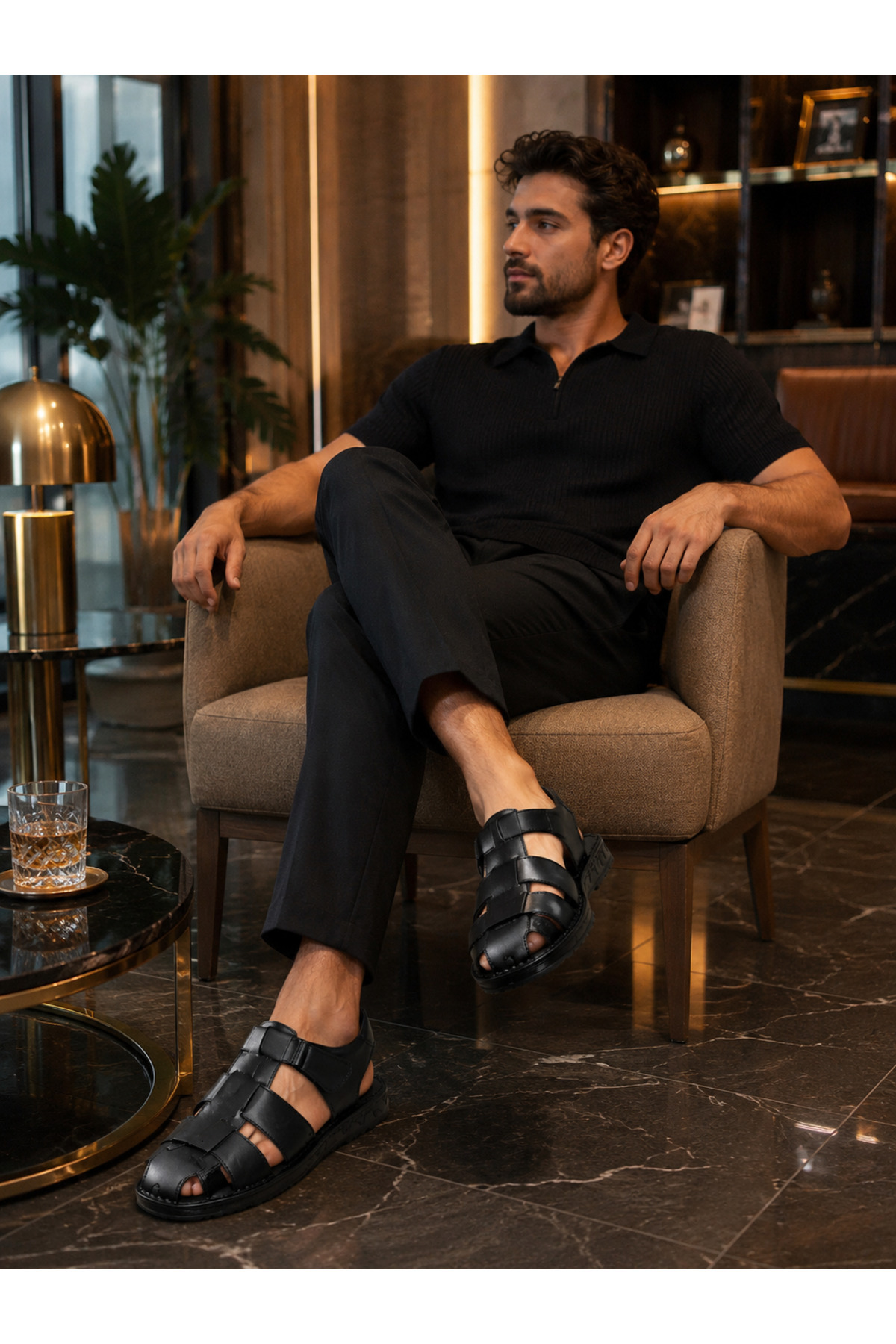 Cooka Shoes Erkek Siyah Hakiki Deri Cırt Cırtlı Günlük Sandalet