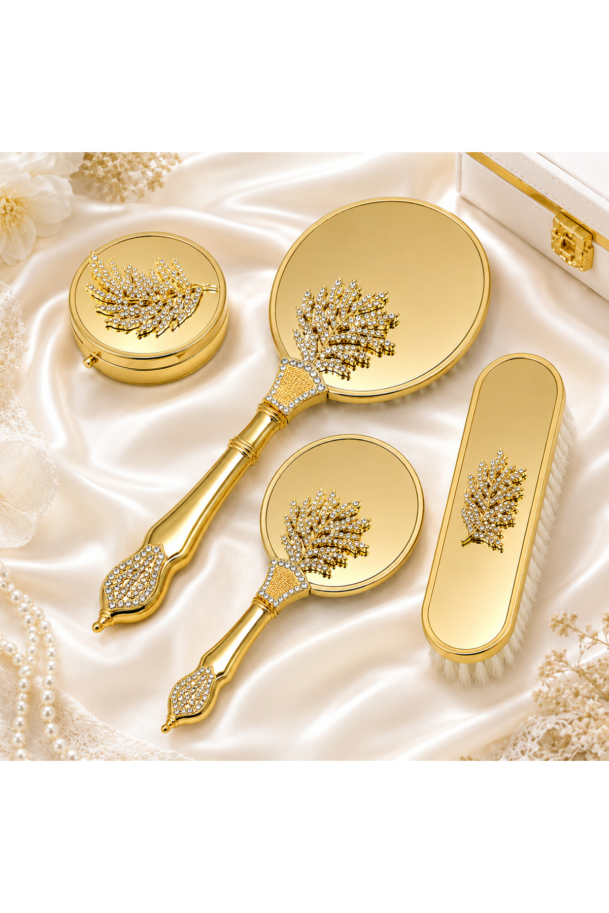 Gold Yaprak Desenli Taş İşlemeli Gelin Hazırlık Seti, Çeyiz, Hediyelik Set