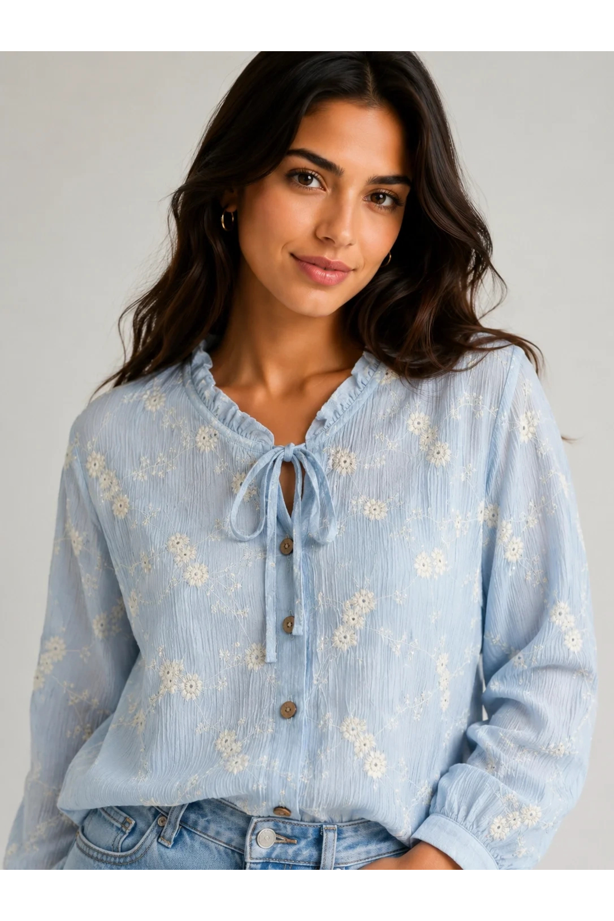 bysoca Women's Light Blue Floral Embroidery Tie Detailed V-Neck Long Sleeve Cotton Bohemian Pinterest Shirt Blouse
