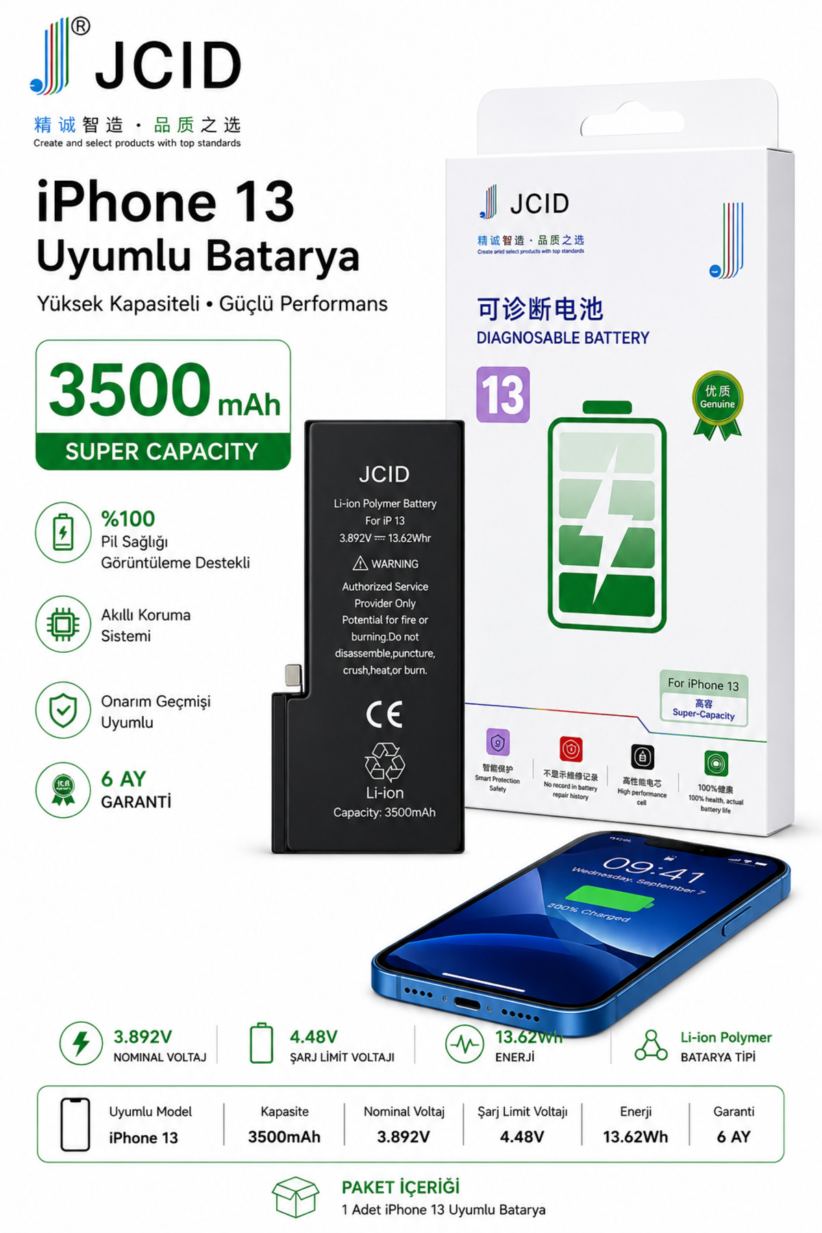 Born For SDSW 専用 iPhone 13 JCID iPhone 13 Uyumlu Batarya 3500 mAh %100 Pil Sağlığı ve Onarım