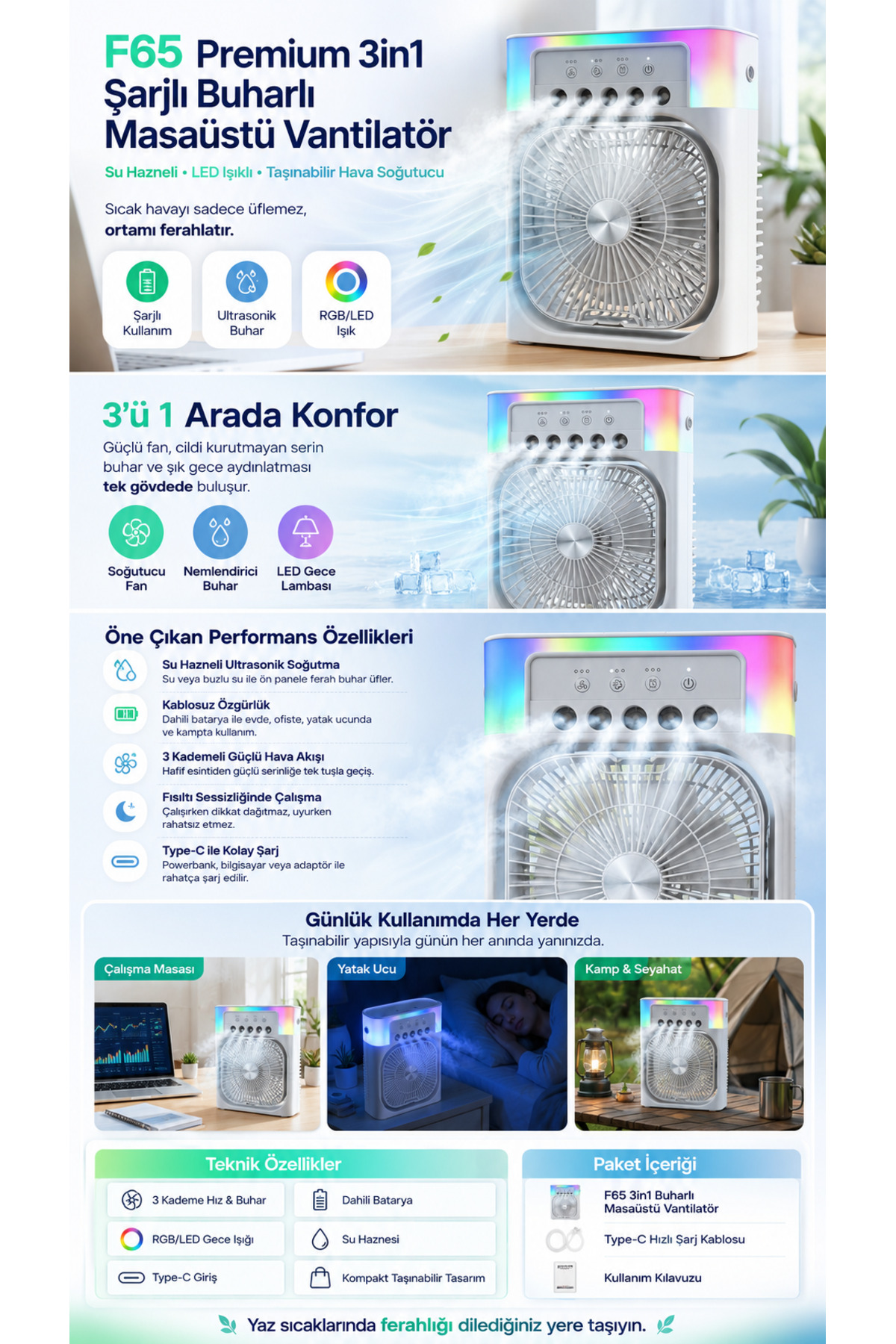 3in1 Masaüstü Fan 3 kademeli Ferah Nemlendirici Buharlı Rgb Aydınlatmalı Vantilatör