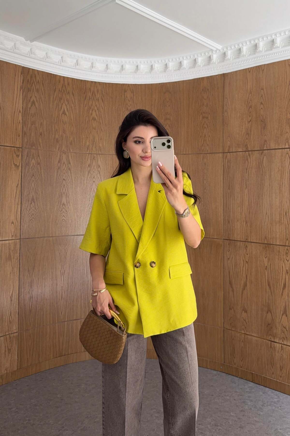 HAZELANNA  Düğmeli Kısa Kollu Yağ Yeşili Ceket - Görsel 2