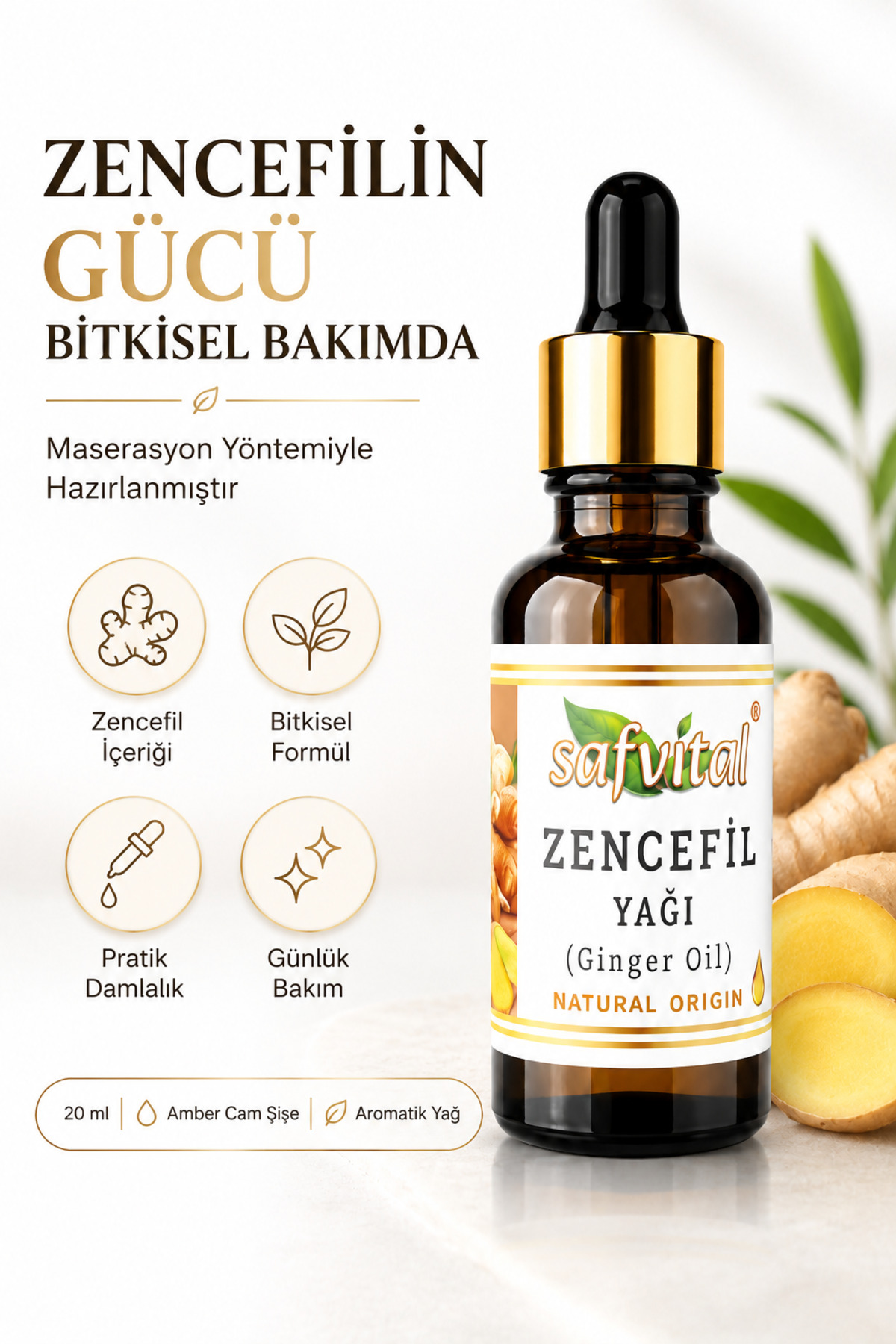 Zencefil Yağı 20 ml Aromatik Bitkisel Bakım Yağı Damlalıklı Amber Cam Şişe Maserasyon Kas ve Eklem Masajı Şişkinlik Hazımsızlık Karın Rahatlatıcı Bitkisel Premium Bakım Yağı — safvital-zencefil-yağı-20ml — تصویر 3 از 9