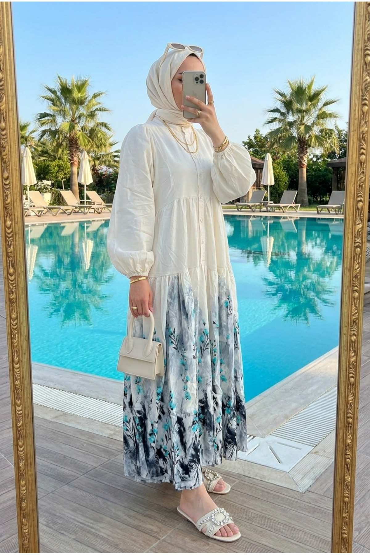 Kirazca Butik Women's Bohemian Patterned Layered Long Sleeve Hijab Dress