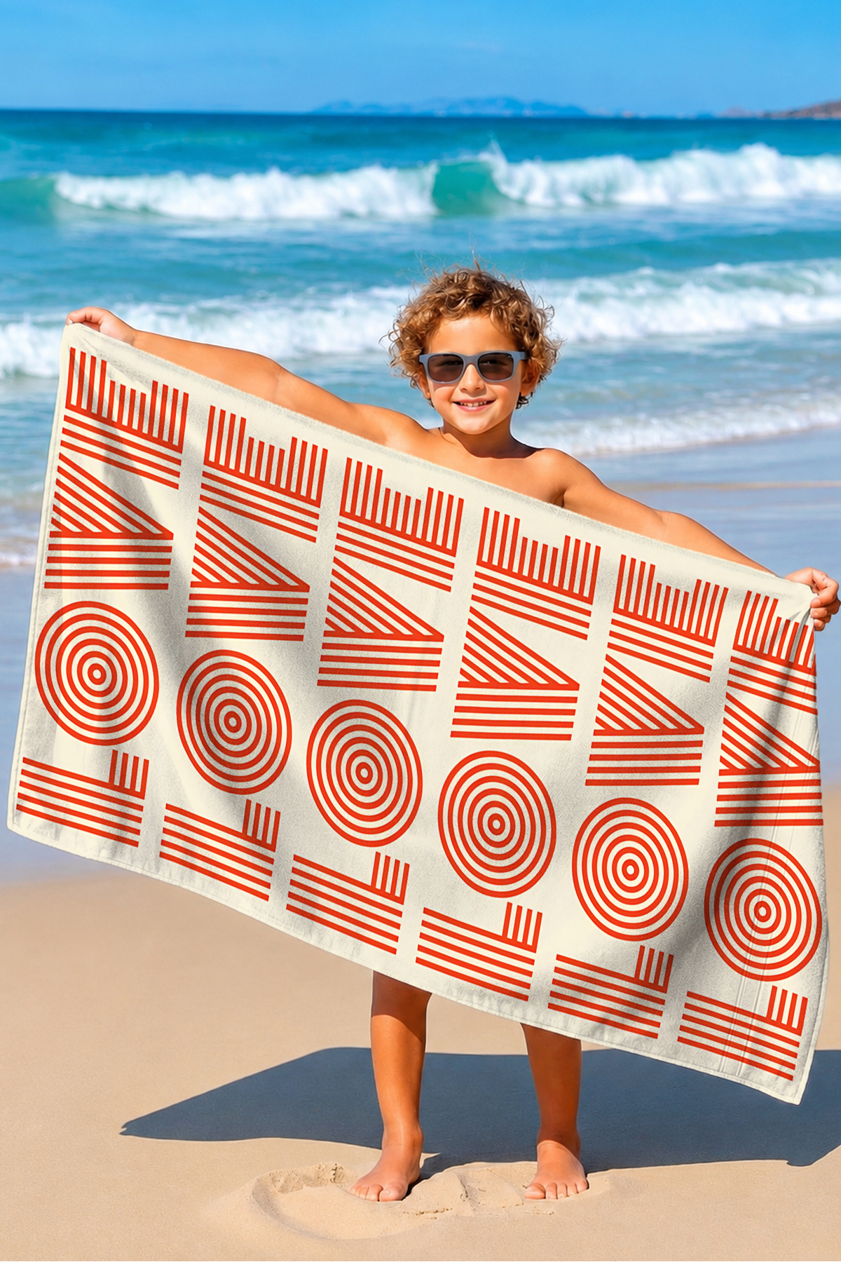 Modern Beach Towel with Love Lettering - Geometric Typographic Cream Orange Fast Drying Microfiber Towel
