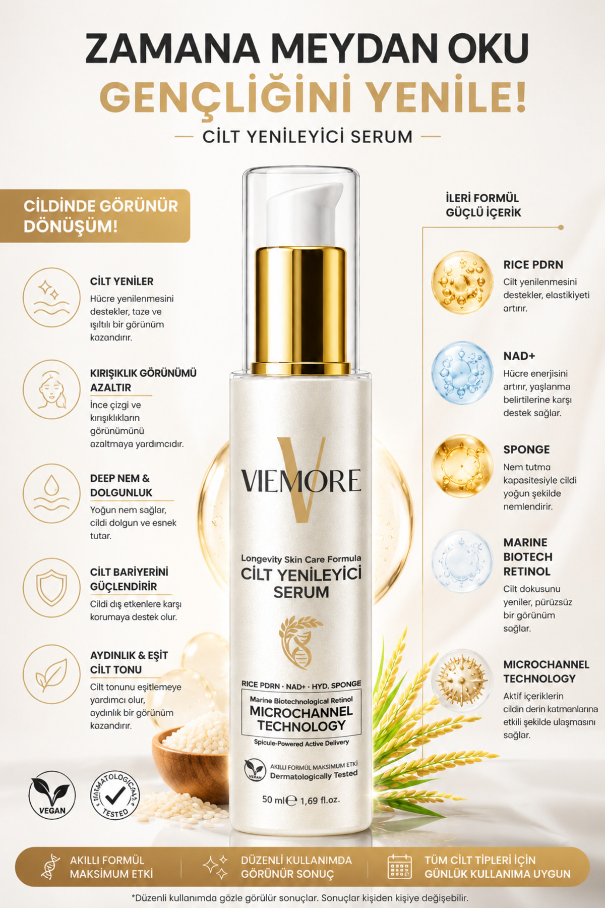 Cilt Yenileyici Serum 50 ml | PDRN (Pirinç DNA) + NAD+ + Marine Retinol | Microchannel Technology | Nemlendirici, Aydınlatıcı ve Cilt Bariyeri Güçlendirici Bakım Serumu 50 ML — VIEMOREPDRNSERUM — تصویر 5 از 7
