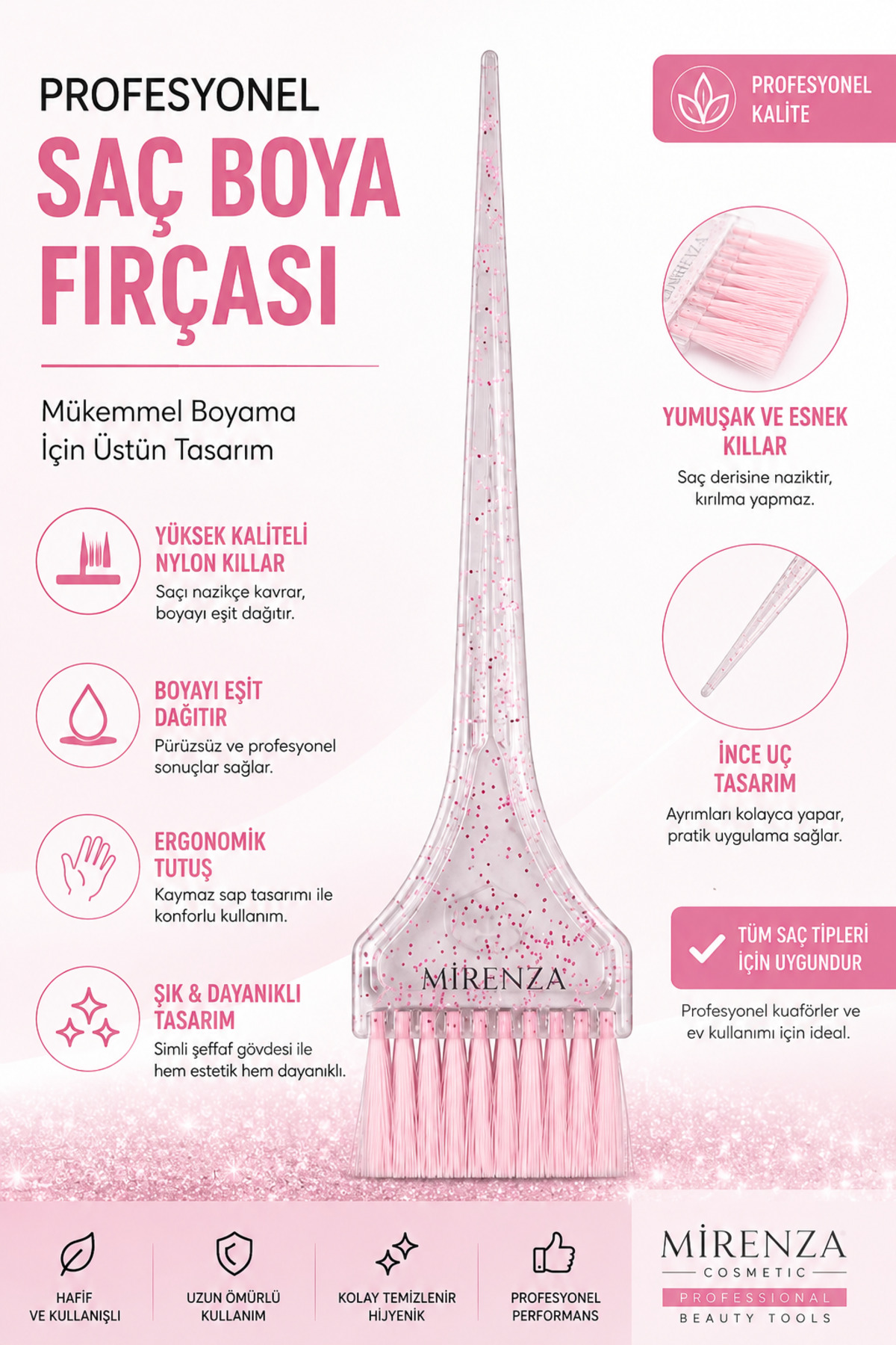 mirenza cosmetic Şeffaf Simli Saç Boya Fırçası - Kuaför Tipi Şeffaf Saplı Renkli Fırça Saç Boyama Fırçası — صورتی G-563