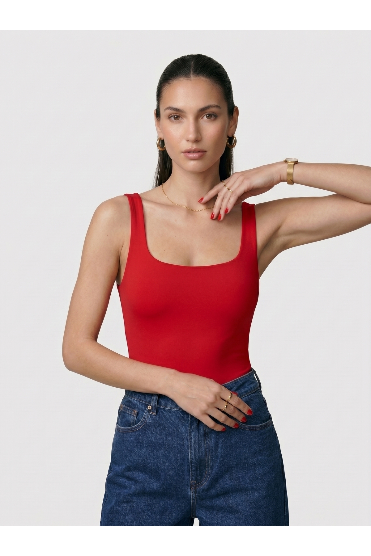 Kadın Kare Yaka Kalın Askılı Çıtçıtlı Body Slim Fit Dar Kalıp Likralı Bodysuit - Kırmızı 3