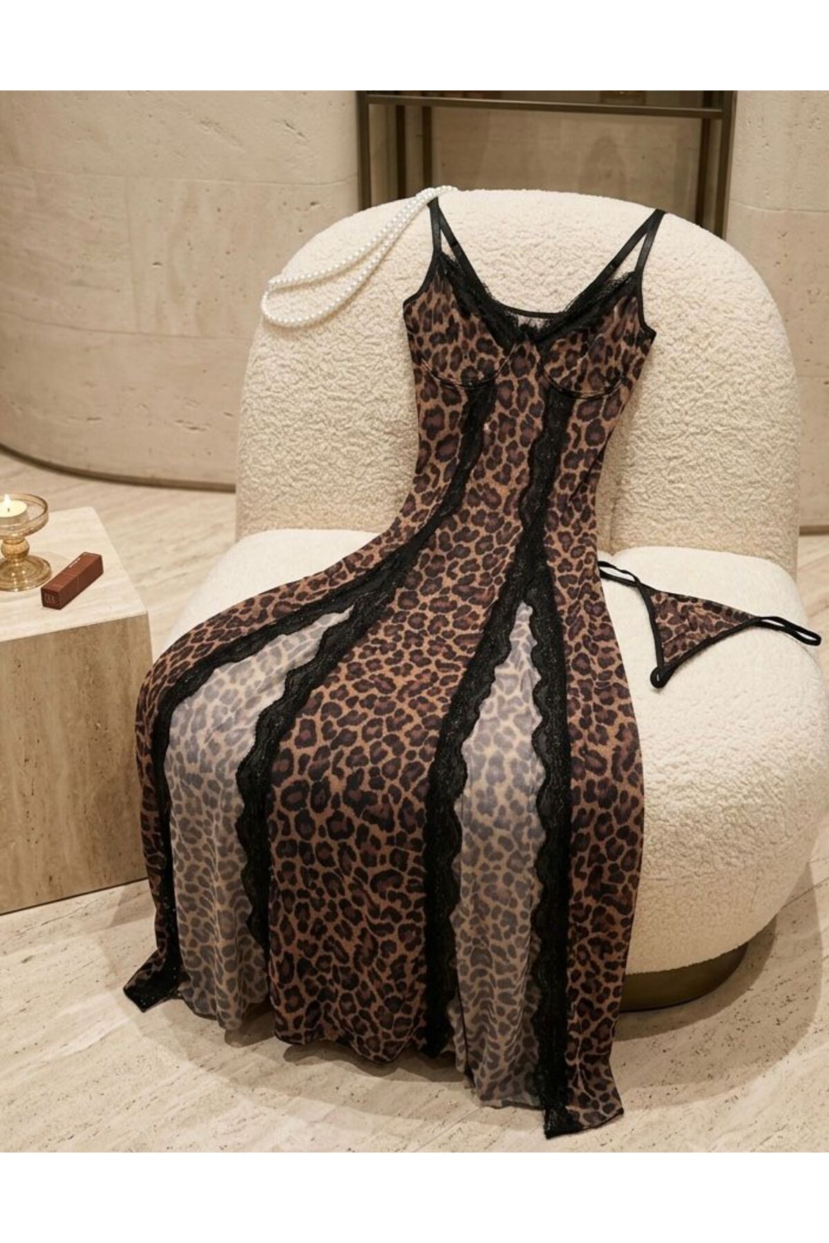 Lavishh Wild Charm Leopar Desenli Dantel Detaylı Gecelik Takım
