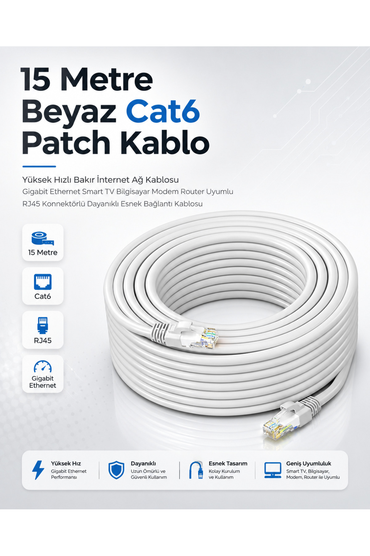 15 Metre Beyaz Cat6 Patch Kablo Yüksek Hızlı İnternet Ağ Kablosu Gigabit Ethernet Smart TV Bilgisayar Modem Router Uyumlu RJ45 Konnektörlü Dayanıklı Esnek Bağlantı Kablosu Kablosu