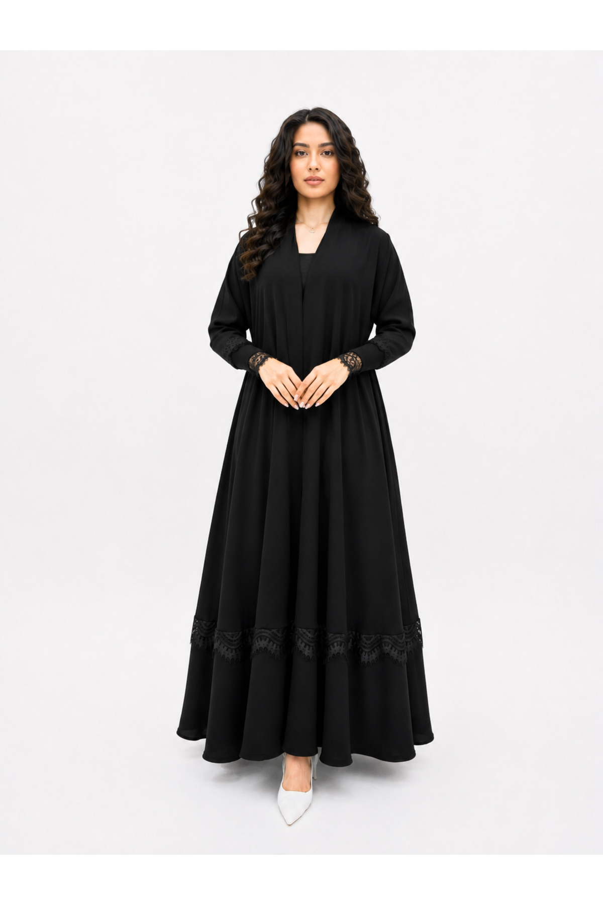 YOU ABAYA عباية دارين قصه دبل كلوش كم استرتش مع دنتيل اسود بقماش بلاك بيري لو...