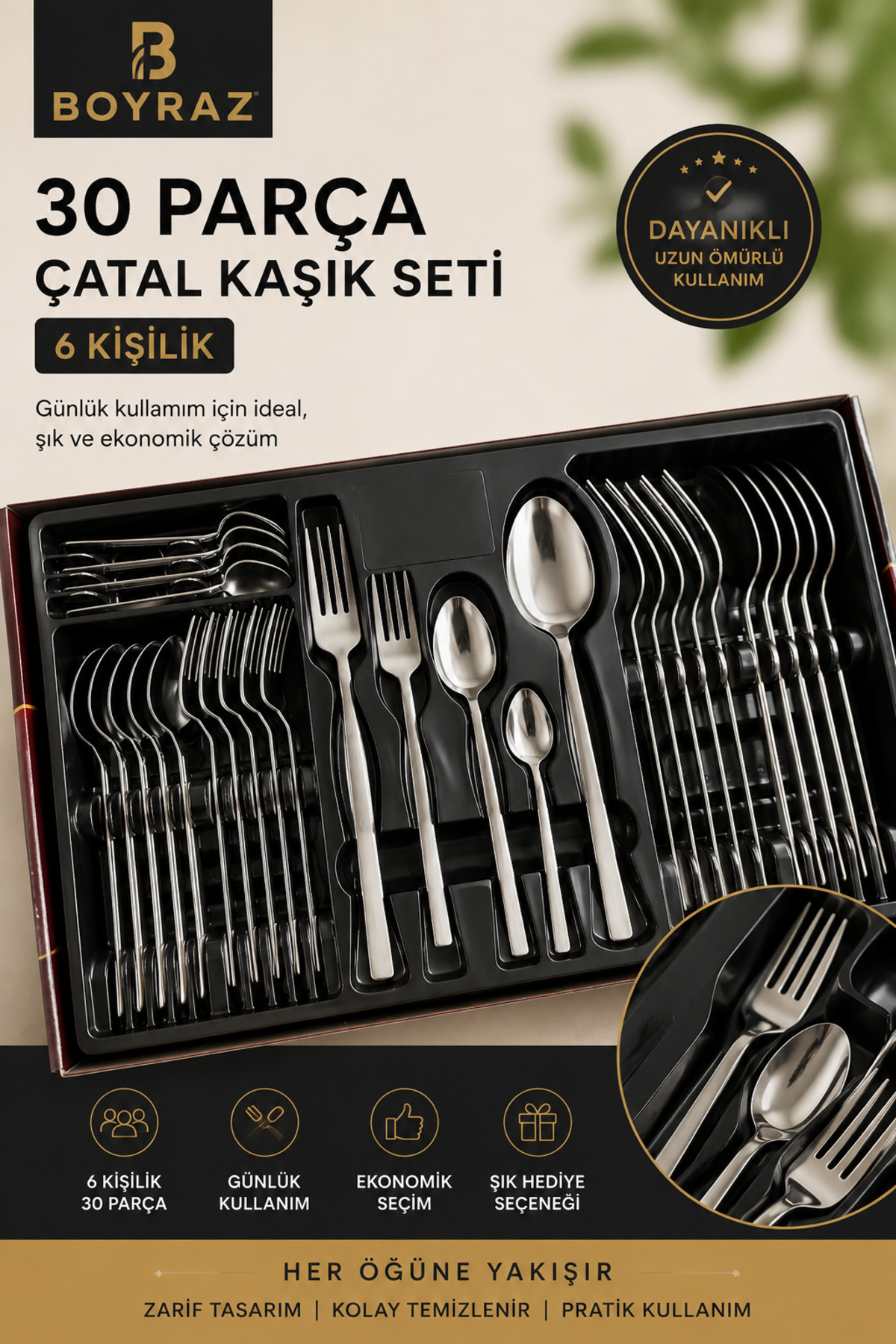 BOYRAZ 30 Parça Sade 6 Kişilik Çatal Kaşık Seti | Günlük Kullanıma
