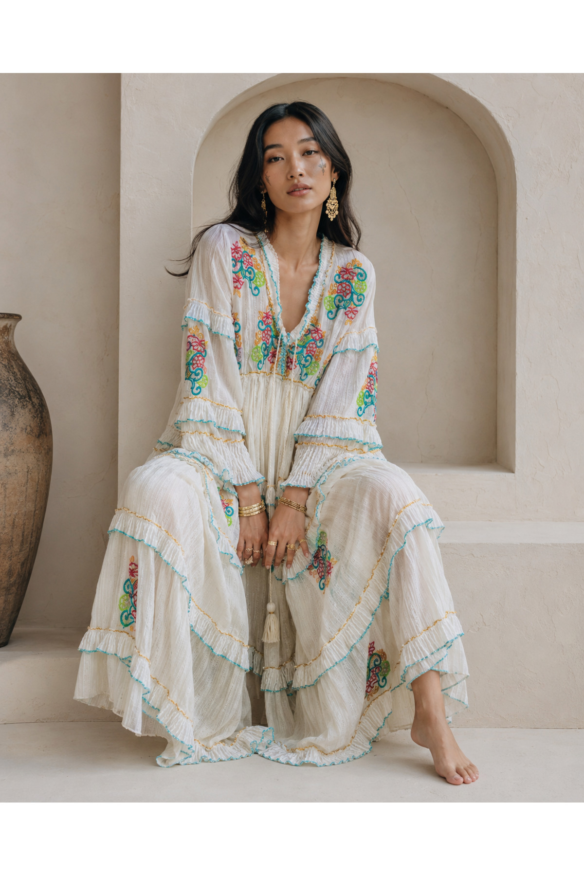 laviyonsa Embroidered Bohemian Long Cotton Viscose Lined Dress Std 36-40