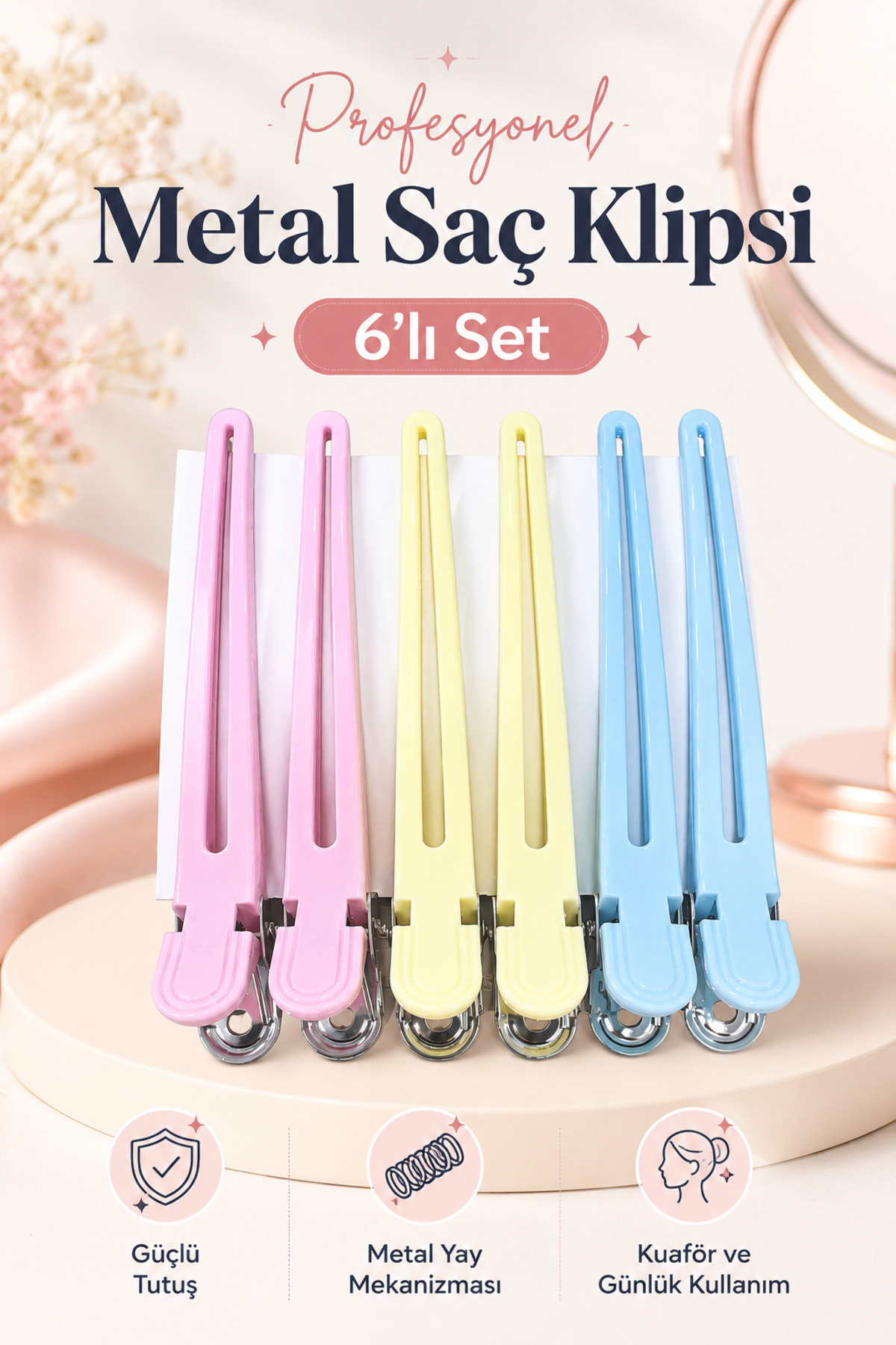AKBA HOME 6’lı Metal Saç Klipsi Profesyonel Kuaför Tokası Güçlü Tutuşlu Saç Ayırma Klipsi
