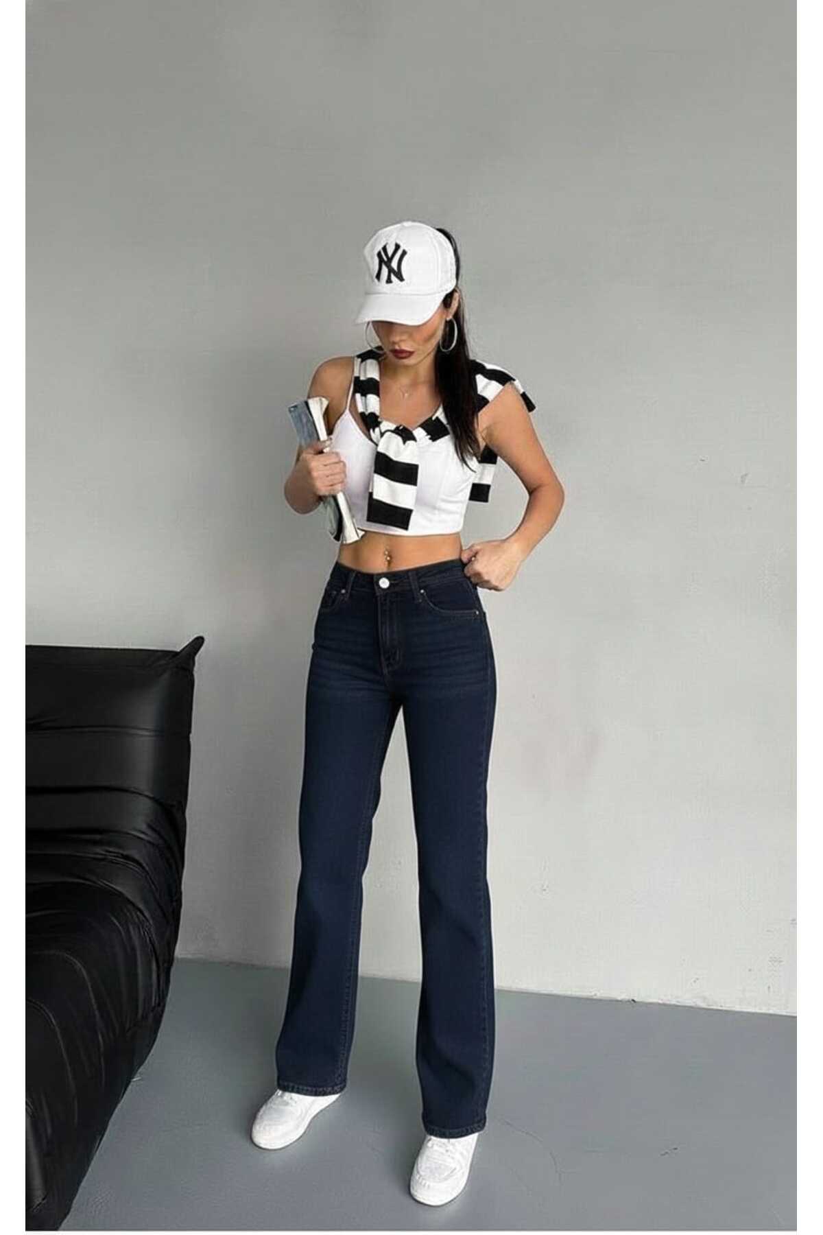Lighter Jeans Denny Lacivert Esnek Wide Leg Yüksek Bel Jean Bol Paça Rahat Kesim Denim Pantolon görsel 6