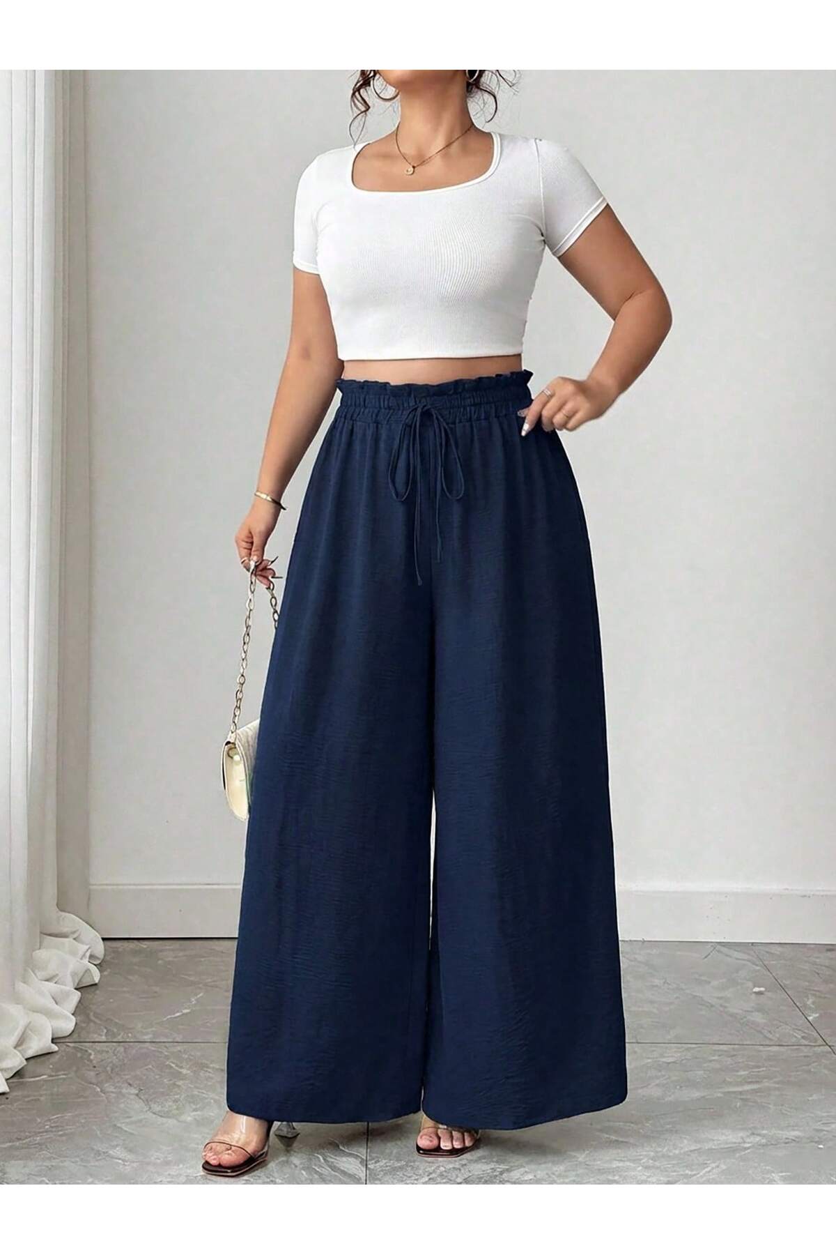 tuzu moda Büyük Beden Pantolon Bol Paça Büyük Beden Beli Lastikli Pantolon görsel 4