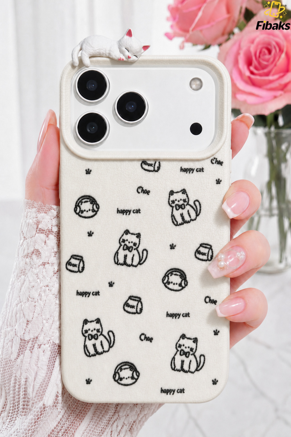 iPhone 17 Pro Case 3D Sleeping Cat Patterned Shock Absorbing Flexible Silicone Phone Case Cream