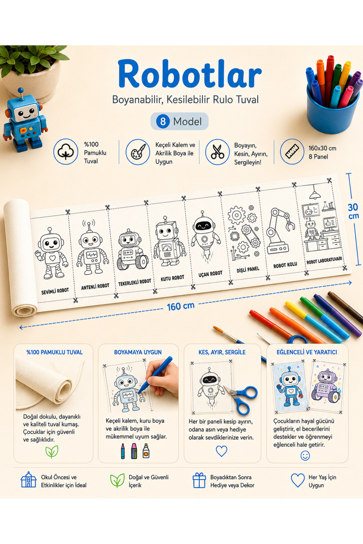 Boyanabilir Kesilebilir Rulo Tuval Robotlar 8 Model Eğitici Çocuk Boyama Seti 160x30 cm