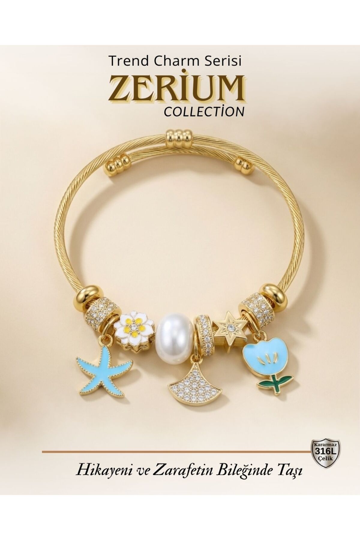 Modern Steel Stylish Women's Charm Steel Bracelet Pearl and Daisy Starfish and Tulip