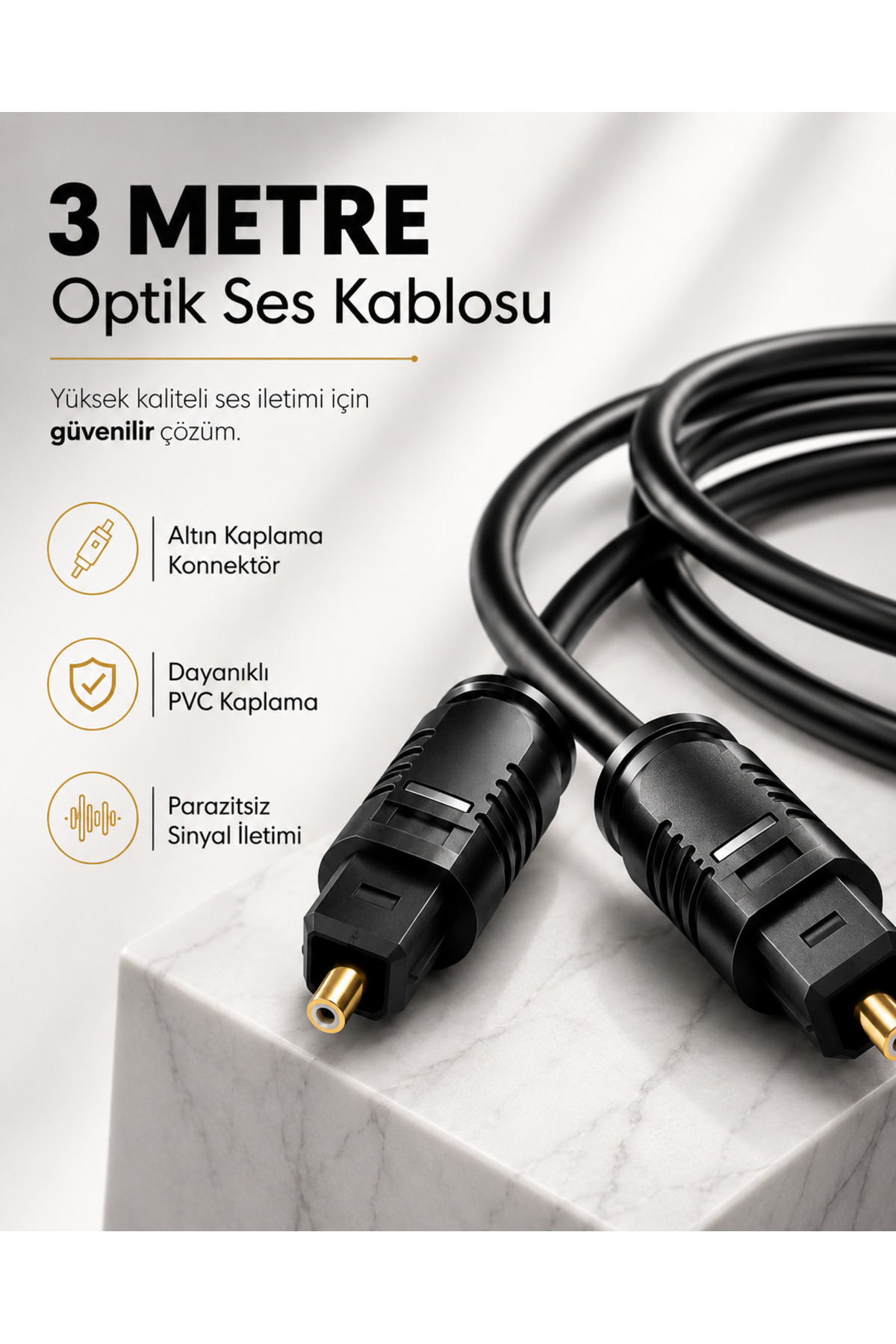 3 METRE Optik Ses Kablosu Toslink Dijital Fiber Ev Sinema Soundbar Uyumlu Siyah Altın Kaplama Uçlu Kristal Netliğinde Parazitsiz Sinyal İletimi Çevresel Surround Akustik Ses Sistemi Bağlantı Kablosu