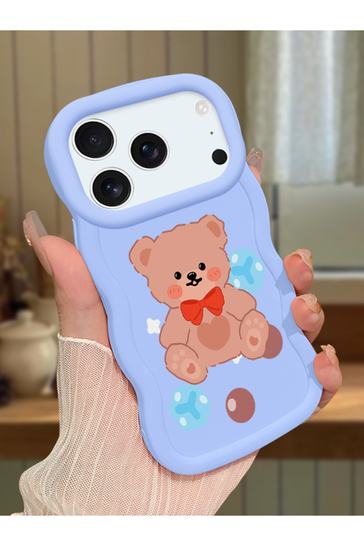 iPhone 17 Pro Max Compatible Case Camera Protector Blue Silicone Couple Phone Case Bear Pattern