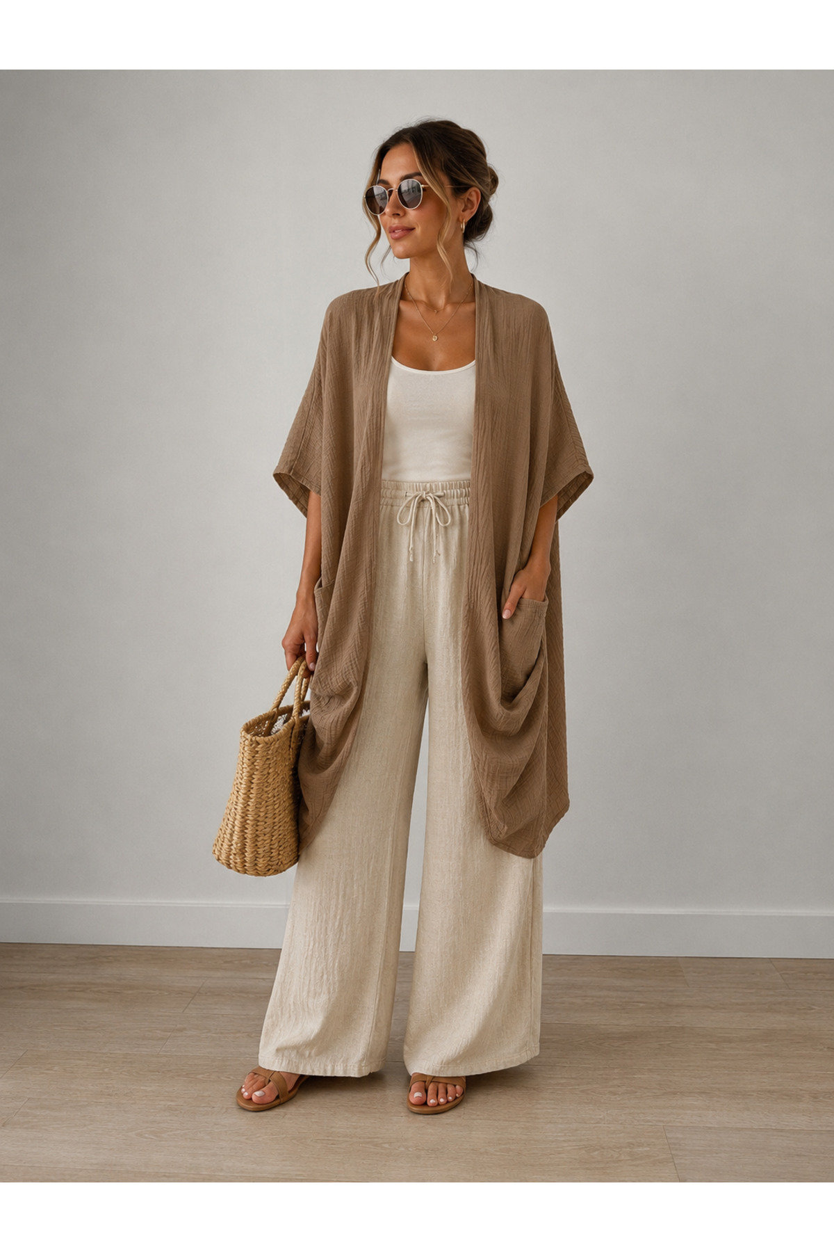 Kadın Müslin Cepli Salaş Kimono Kaftan – Vizon