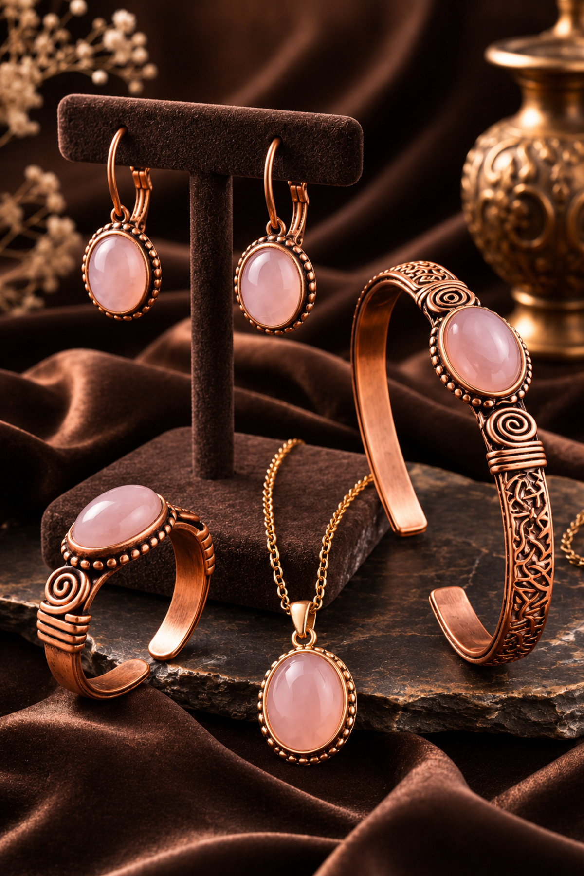 Women's Copper Bracelet Necklace Ring Earrings Set Natural Pink Pure Copper Set with Quartz Stone