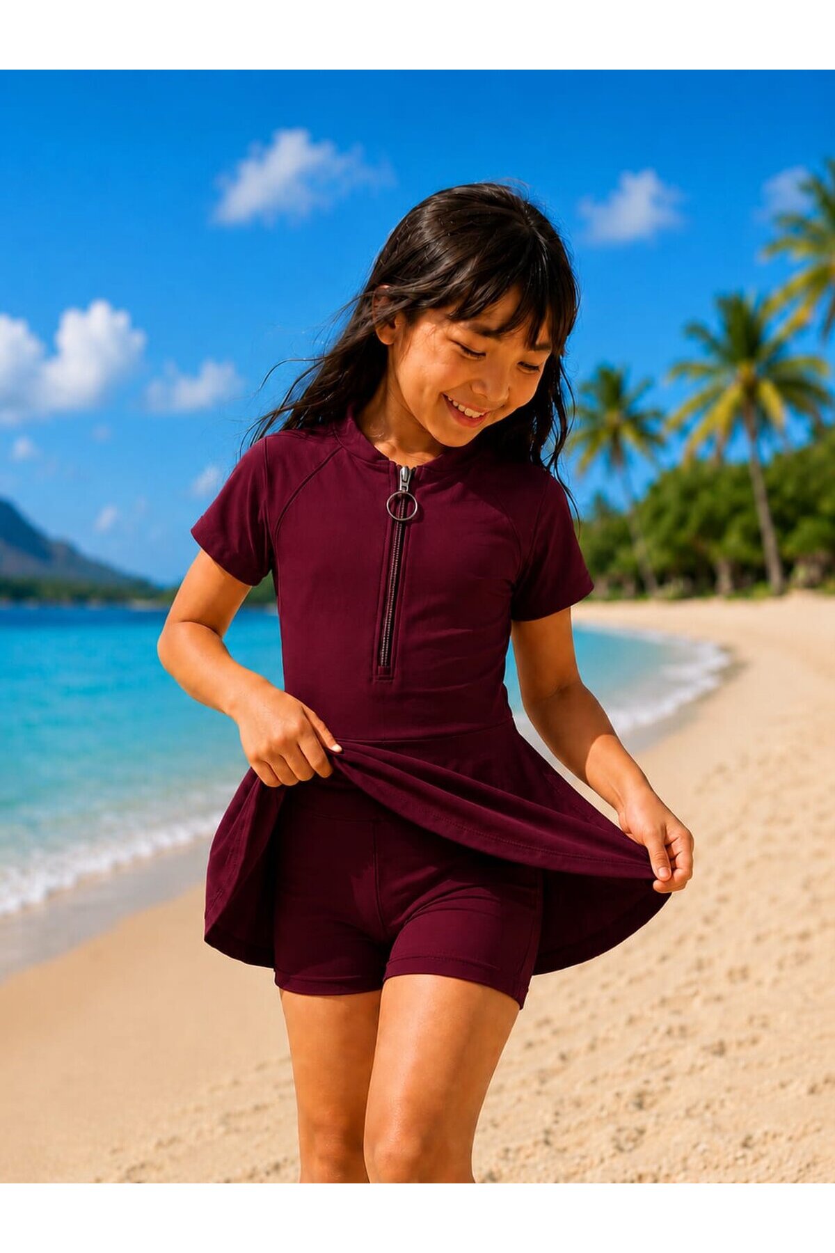 My Kids Wear Kız Çocuk Kısa Kollu Fermuarlı Mayo UV Korumalı Deniz