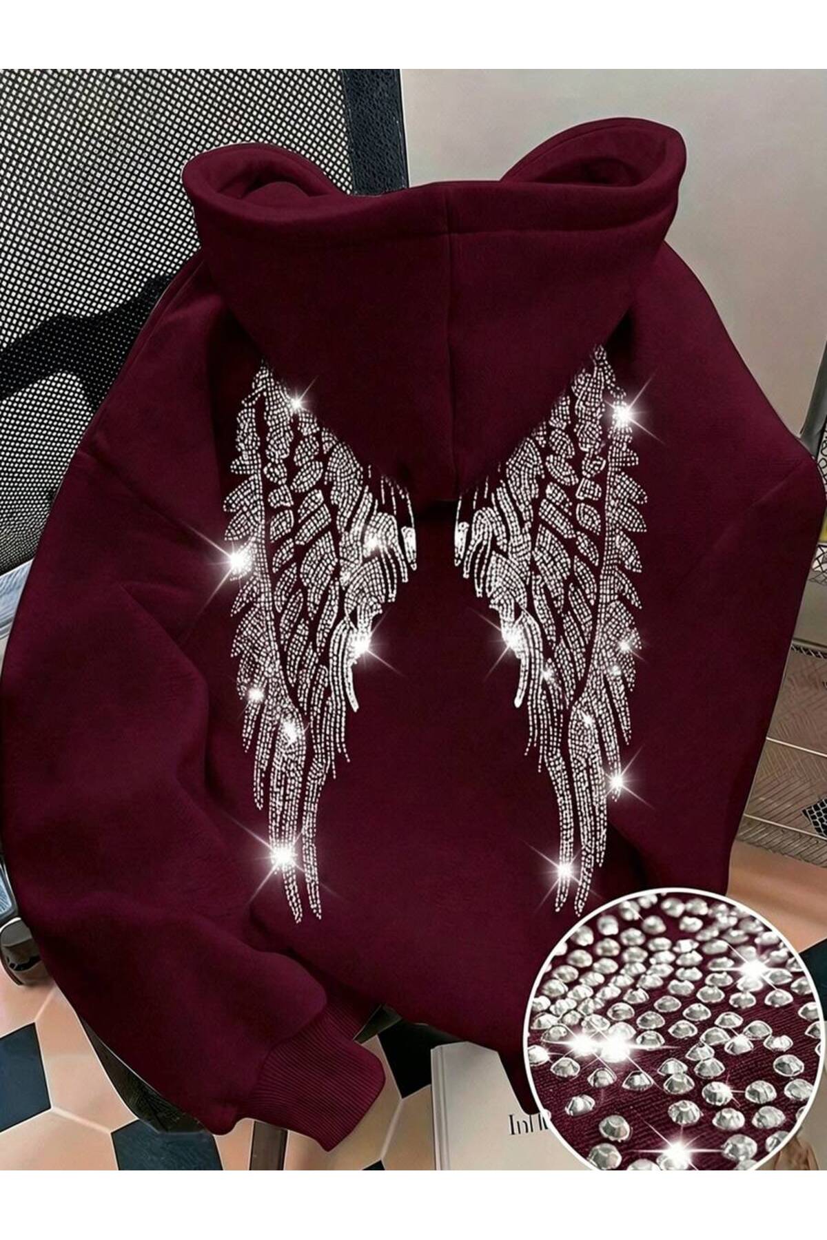 Kadın Sırtı Kanat Taş Baskılı 3 İplik Şardonlu Kumaş Kapüşonlu Oversize Sweatshirt