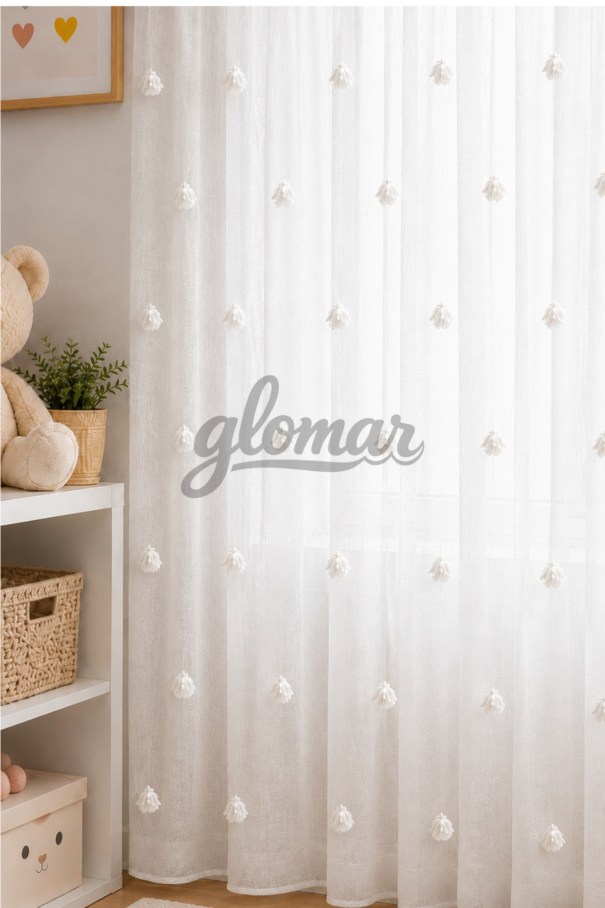 Linen Pompom White Polka Dot Tulle Curtain Plain Pleatless Extra Forged