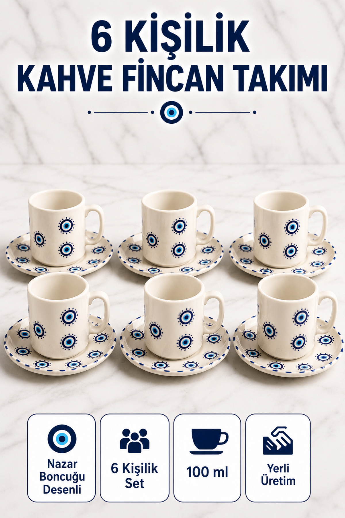 L'eDoren 6-Person Ceramic Coffee Cup Set with Round Presentation Plate Porcelain Turkish Coffee Cup Set