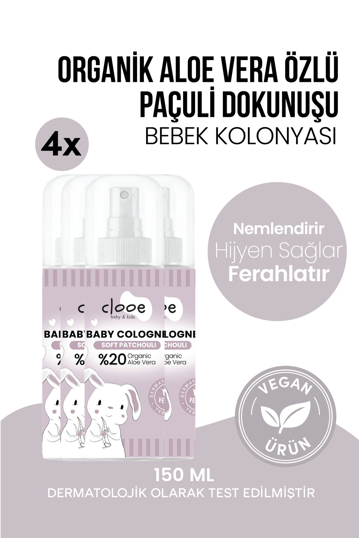 clooe 4'lü Bebek Kolonyası Soft Patchouli 150 ml - Odunsu ve Paçuli Notalı - Organik Aloe Vera Özlü - Vegan - Hızlı Kuruyan — PKA085