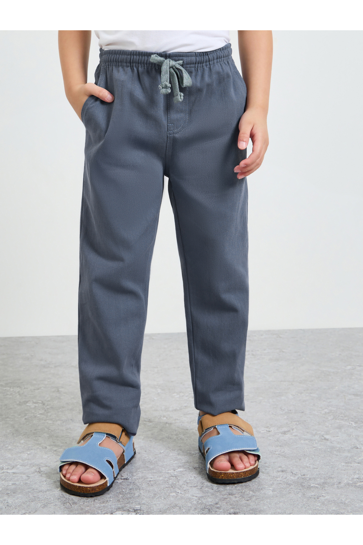 Styli Boys Grey Relaxed Fit Cotton Pants With Drawstring Waist
