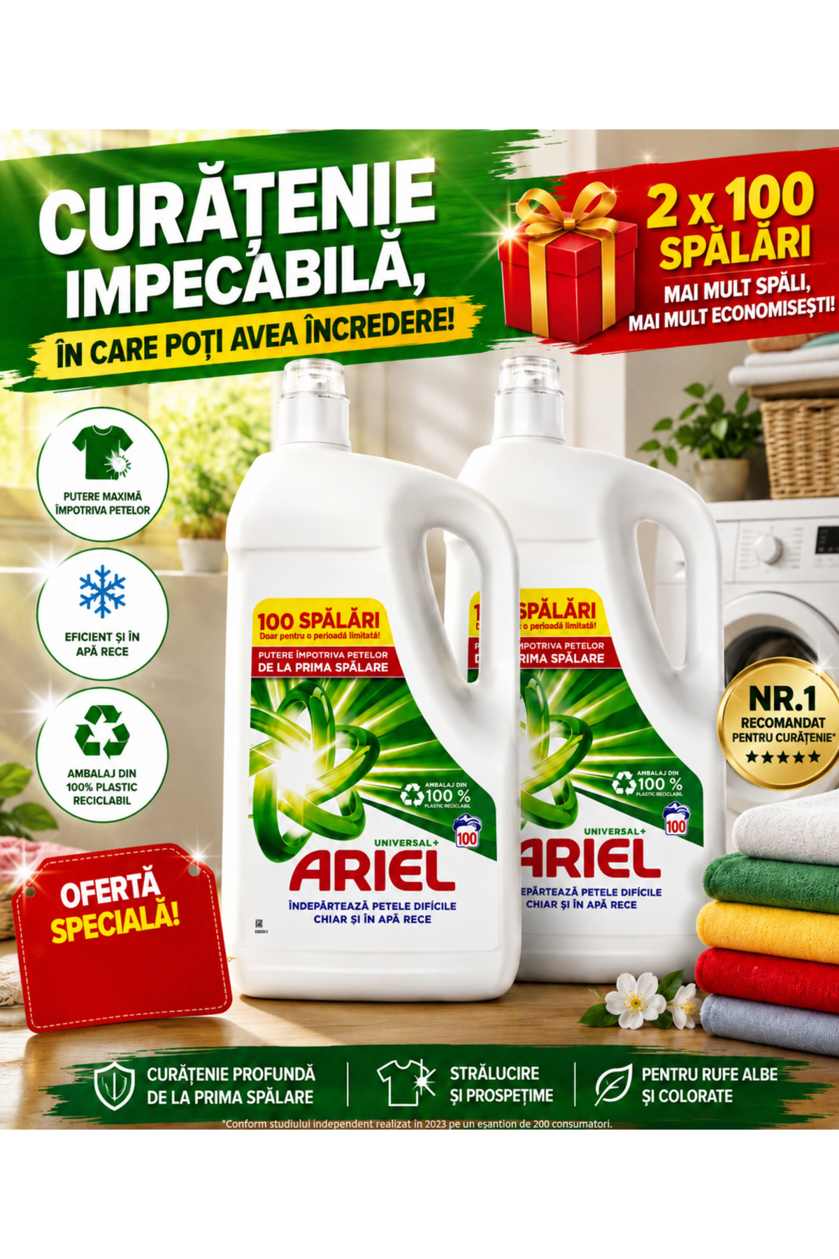 Ariel Universal+ Detergent Lichid – Pachet 2 x 100 spălări. Rufe albe + Colorate