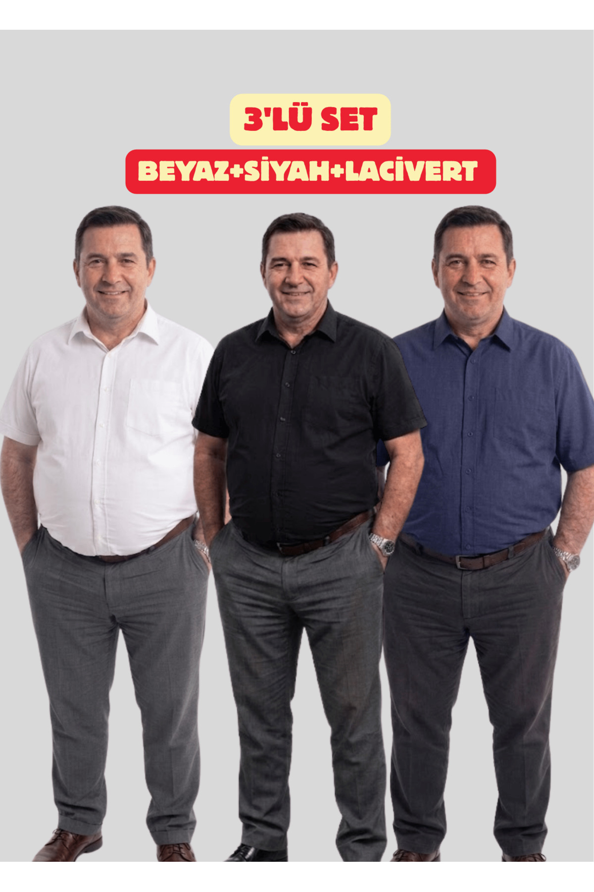 NACAR STORE Erkek 3Lü Kısa Kollu Set Büyük Beden Battal Klasik Kesim Gömlek
