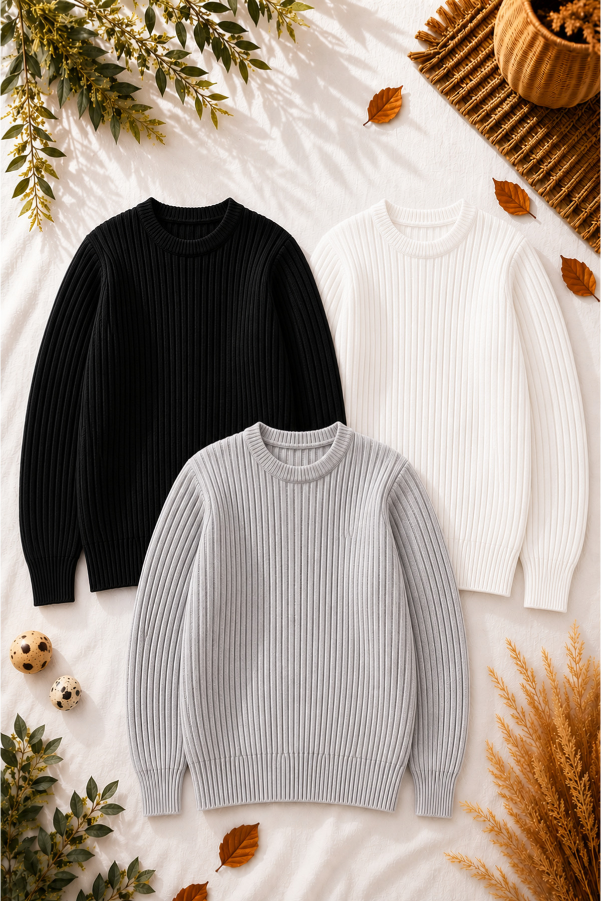 Erkek 3'lü Premium Fitilli Triko Kazak Seti Bisiklet Yaka Slim Fit Kışlık Basic