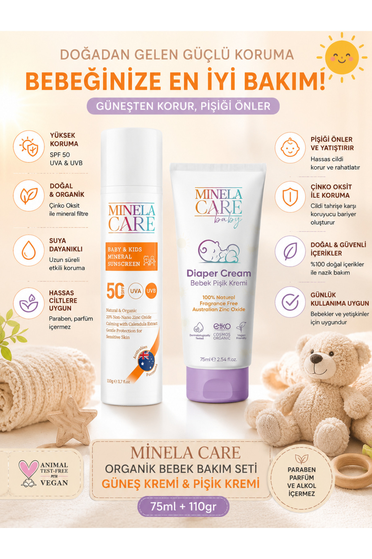 Organik Bebek Bakım Seti SPF 50+ Güneş Kremi ve Pişik Kremi 75 ml + 110 g 2'li Set — 856386346757343