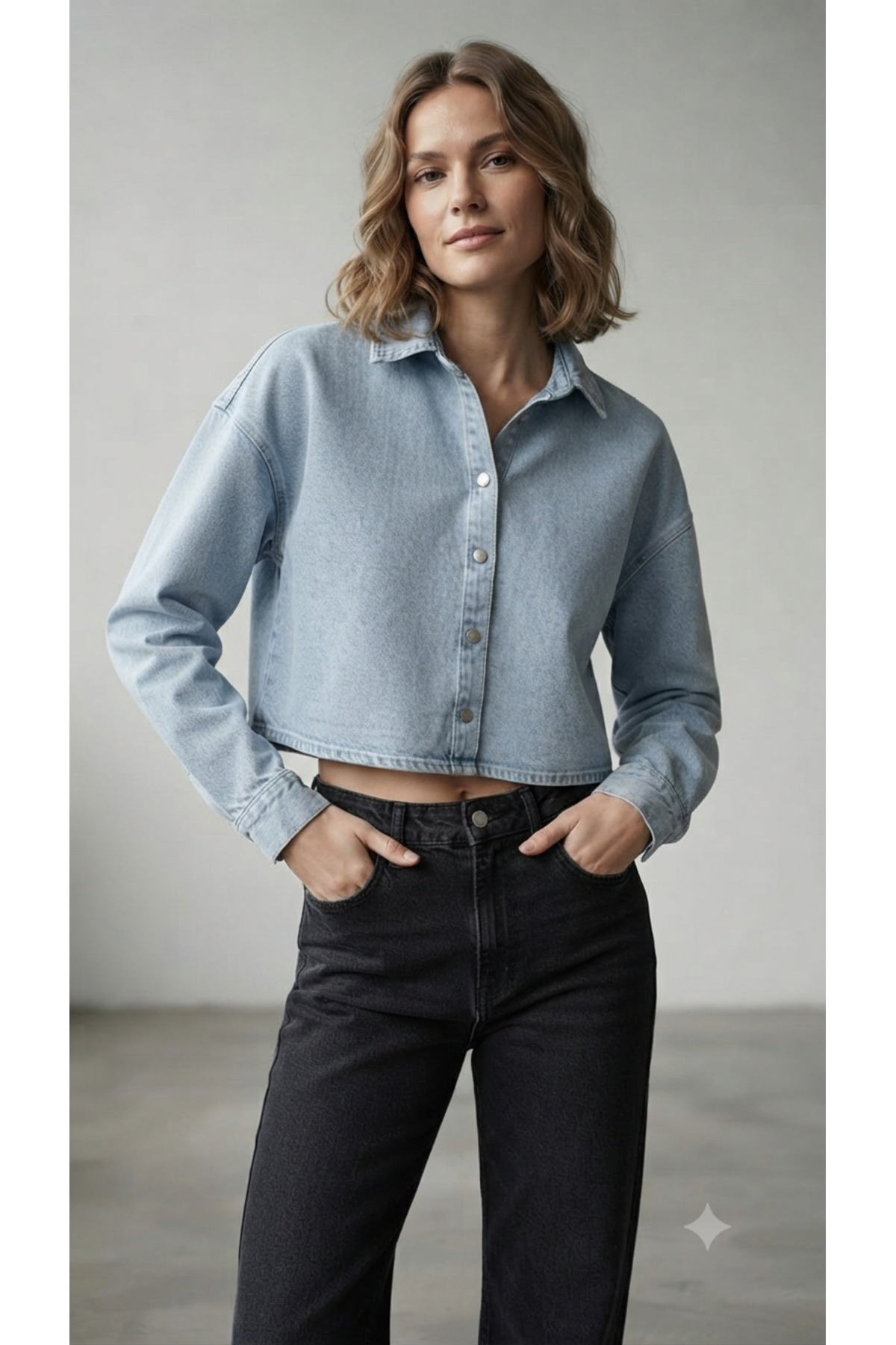 Sublime Butik Women's Ice Blue Snap Button Short Denim Shirt