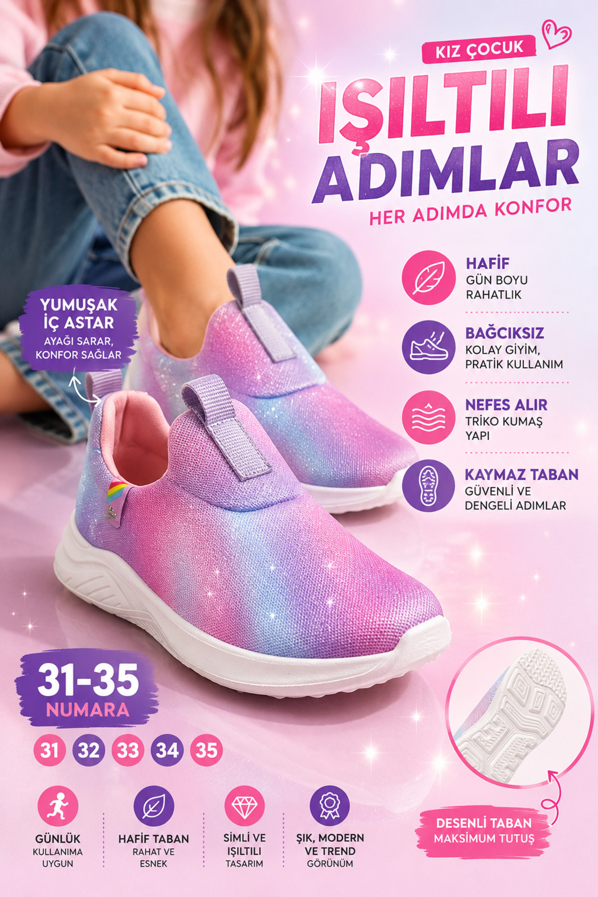 Ayakkabı Deryası Kız Çocuk Simli Renk Geçişli Bağcıksız Fileli Günlük Sneaker Spor Ayakkabı 31-35