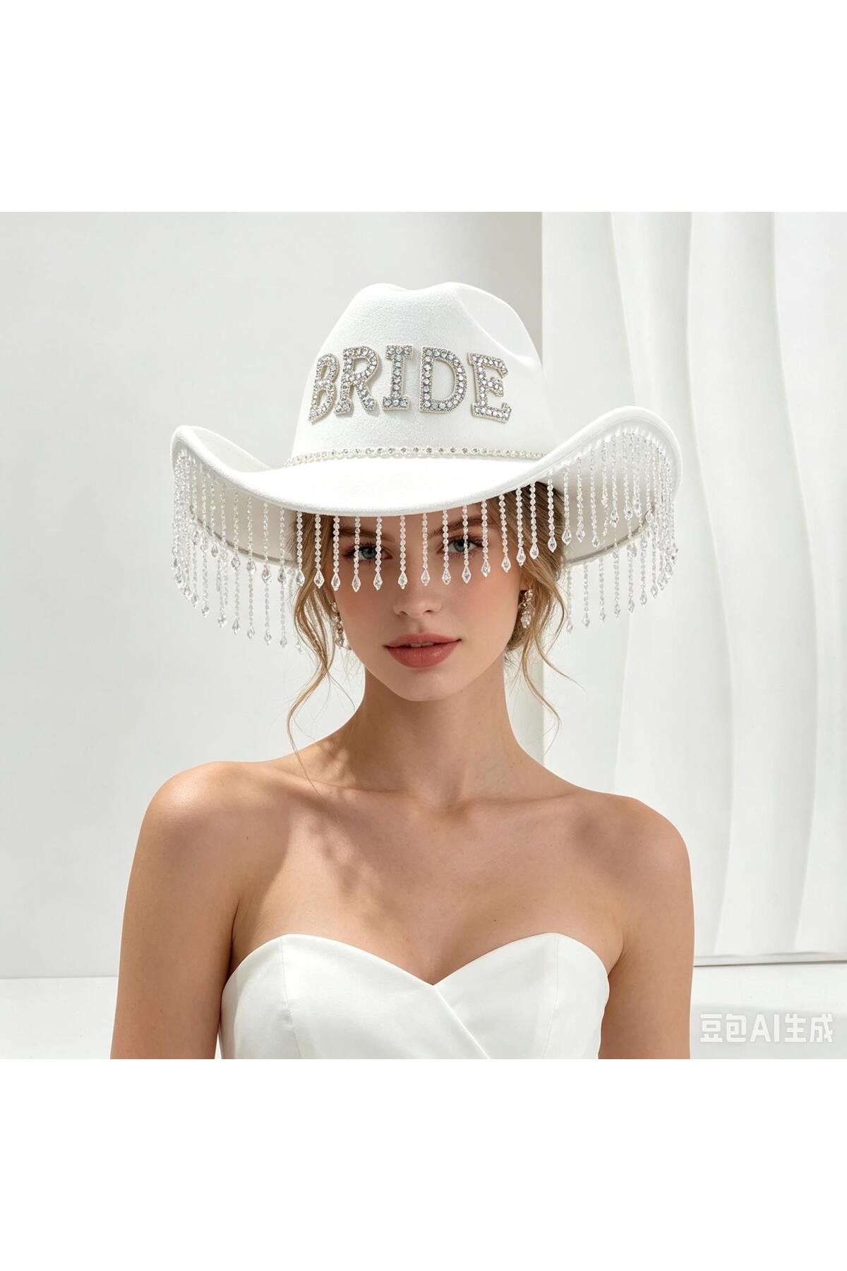 valkyrie Bride Yazılı Taşlı Beyaz Kovboy Şapkası, Kristal Püsküllü Bekarlığa Veda, Düğün ve Party A