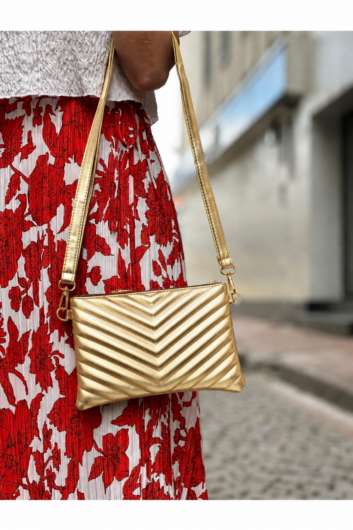 Sanmorris Kadın Suni Deri Ayarlanabilir Çapraz Ve El Askılı Portföy, Clutch Çanta S-1407 GOLD görsel 4