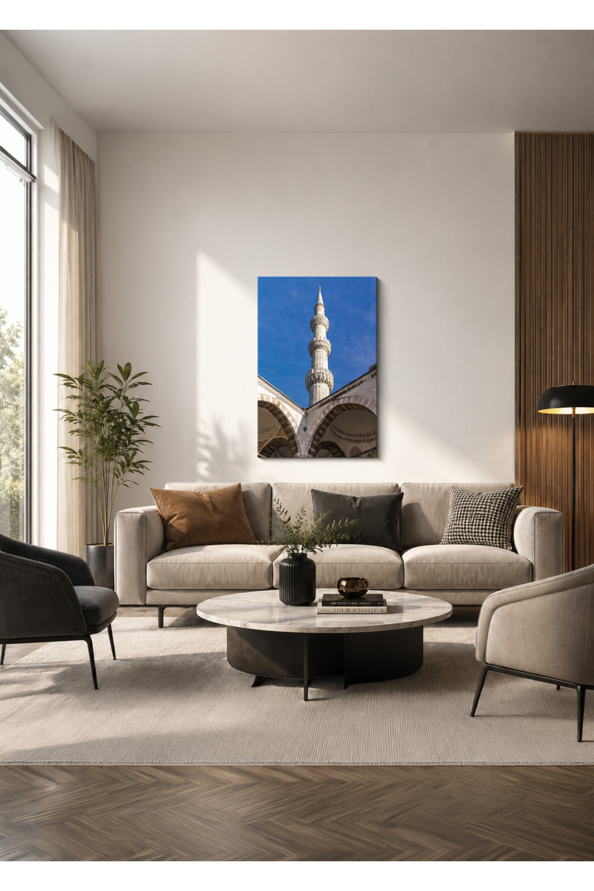 MDF Tablo Cami Minaresi ve Mavi Gökyüzü – İslami Ev ve Ofis Duvar Dekorasyonu